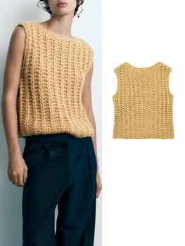 TRAF 2023 Осенний женский Повседневный вязаный свитер, жилеты, Модный однотонный пуловер без рукавов с круглым вырезом, Простые мягкие винтажные топы