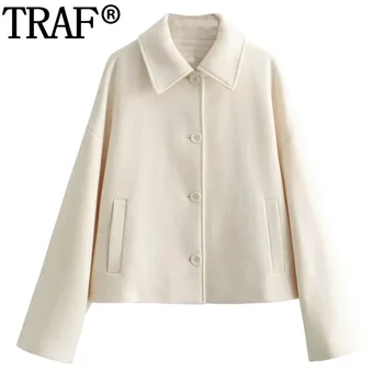 Бежевая укороченная куртка TRAF, женские модные пальто из искусственной шерсти, осенне-зимняя куртка оверсайз, Теплые Элегантные женские куртки