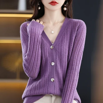 Весенний новый вязаный кардиган из 100% чистой шерсти с V-образным вырезом, женский однотонный модный тонкий свитер, свободное пальто, женский