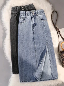 Винтажная джинсовая юбка с высокой талией, двойной пряжкой, разрезом по бокам, Модная джинсовая юбка с карманами, повседневная уличная одежда, джинсовые юбки миди