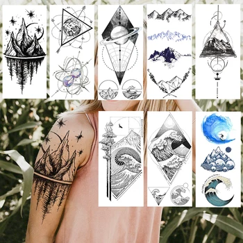 Временные татуировки Black Planets Mountain, реалистичные поддельные Водонепроницаемые татуировки, наклейки с геометрической волной, татуировки для боди-арта для женщин и мужчин