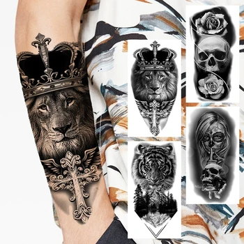 Временные Татуировки с Крестом в виде Львиной Короны Для Мужчин и Женщин, Реалистичный Страшный Тигр, Лесной Вампир, Поддельная Татуировка, Наклейка на Предплечье, Татуировки на теле 3D