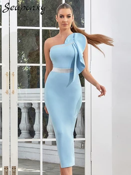 Высококачественное женское Синее Сексуальное платье с оборками на одно плечо без рукавов с открытой спиной 2023 Элегантное вечернее клубное платье для вечеринок Vestidos