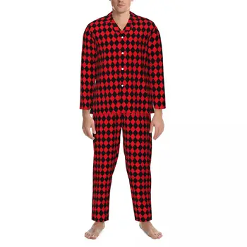 Геометрический Пижамный Комплект В Черно-Красную Клетку, Теплая Пижама Для Мужчин С Длинным Рукавом, Повседневная Пижама Для Отдыха Из Двух Частей, Плюс Размер