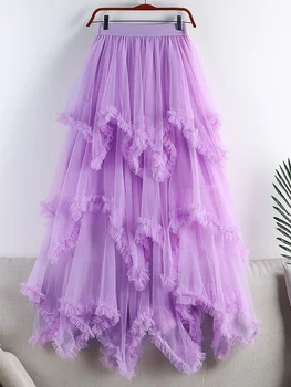 Длинная юбка-пачка из тюля для женщин 2023, Новая Летняя Корейская Эстетичная Милая Макси-юбка из нерегулярной сетки с высокой талией, женская Фиолетовая Z498