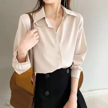 Женская атласная блузка с длинным рукавом, Французские модные однотонные рубашки, Офисная Женская одежда, Элегантные женские рубашки, Корейская женская одежда