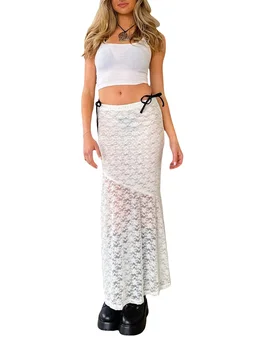 Женская кружевная Длинная юбка Макси Y2k с низкой посадкой, прозрачный подол с оборками, юбка-карандаш а-силуэта в стиле Ренессанс, уличная одежда