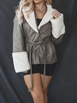 Женская куртка из искусственной кожи, кожаная куртка с плюшевыми вставками, серая классическая кружевная куртка на пуговицах с длинным рукавом, куртка с меховым воротником 0