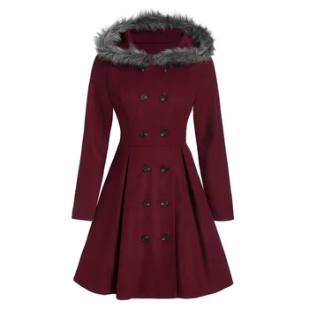 Женская повседневная модная юбка принцессы с капюшоном из меха 2021 года, Новое зимнее шерстяное пальто, Тонкое двубортное пальто средней длины, куртка
