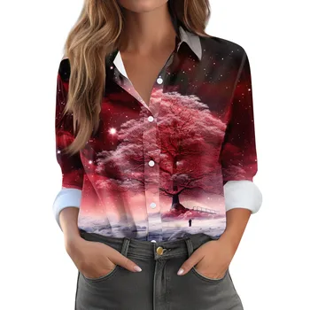 Женская рубашка с модными пуговицами, винтажный принт, повседневная базовая рубашка с длинным рукавом, весенне-летние топы, 2204 Новых женских блузки