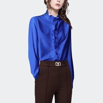 Женская хлопчатобумажная блузка с оборками, атласный топ, длинный рукав, Сплошной цвет, Свободные, большие размеры, осенне-зимние Женские повседневные рабочие рубашки
