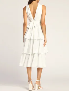 Женские летние платья Миди, однотонные платья без рукавов с V-образным вырезом и многоуровневыми рюшами, вечернее платье для коктейльной вечеринки 2023 1
