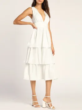 Женские летние платья Миди, однотонные платья без рукавов с V-образным вырезом и многоуровневыми рюшами, вечернее платье для коктейльной вечеринки 2023 3
