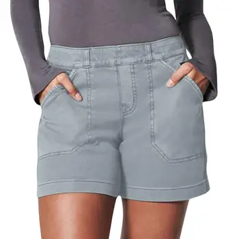 Женские летние шорты С эластичными карманами, Средняя талия, Дышащие однотонные повседневные облегающие женские короткие брюки, женские короткие брюки