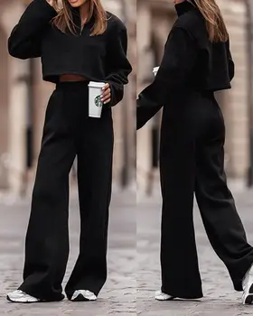 Женские повседневные комплекты из двух предметов на осень-зиму 2023, топ со стоячим воротником, карманами и однотонные широкие брюки