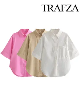 Женские рубашки TRAFZA 2023 Y2k с отложным воротником, однобортные Элегантные винтажные офисные женские блузки, простые удобные женские блузки 4