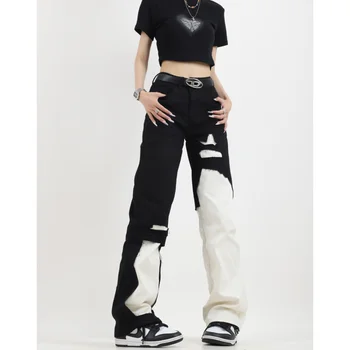 Женские черно-белые джинсы в стиле пэчворк с высокой талией Y2K, американская винтажная уличная мода, Широкие женские брюки, Мешковатые джинсовые брюки