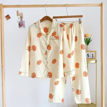 Женский длинный двойной кардиган для тыквы Брюки с принтом Удобная марлевая пижама с рукавом И хлопковый комплект домашней одежды -