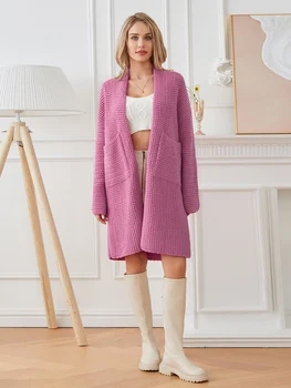 Женский осенний Длинный вязаный кардиган с длинным рукавом, повседневный трикотажный свитер с открытой передней частью, верхняя одежда из плотного трикотажа, пальто 0