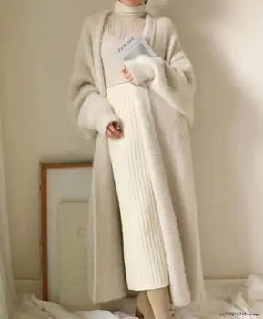Кашемировый кардиган из искусственной норки, Свободная зимняя одежда, женское пальто с длинным рукавом, теплый вязаный свитер, верхняя одежда