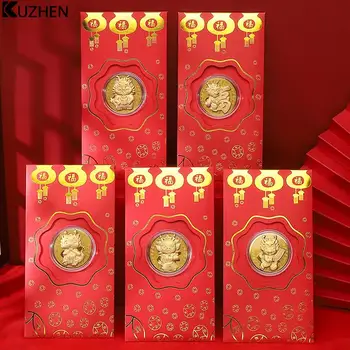 Китайские новогодние Красные конверты 2024 Dragon Lucky Money Converts Красный пакет с золотой монетой Hong Bao для декора весеннего фестиваля