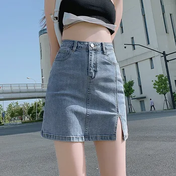 Короткая юбка из джинсовой ткани с разрезом для женщин с высокой талией и стройным внешним видом 2022 новая маленькая юбка-трапеция с запахом для ягодиц