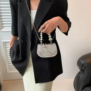 Летняя мини-женская сумка через плечо с жемчужной цепочкой 2023 года Роскошного дизайна Из искусственной кожи Серебряные сумки Y2k Модная Универсальная сумка через плечо