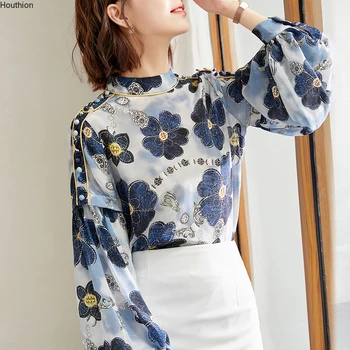 Летняя рубашка Женская блузка С длинным рукавом Женская одежда Корейская мода Шифон с круглым вырезом для отдыха Свободный принт