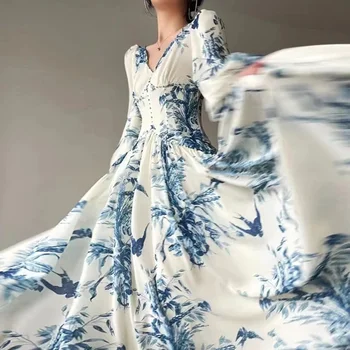 Модное Французское Летнее Праздничное платье с цветочным рисунком, расшитое бисером, Винтажное женское платье Миди с V-образным вырезом и высокой талией с рукавом-фонариком