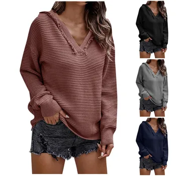 Модные тенденции 2023, женская одежда, Модный Однотонный свитер с V-образным вырезом и капюшоном, Свободный тонкий свитер с длинным рукавом