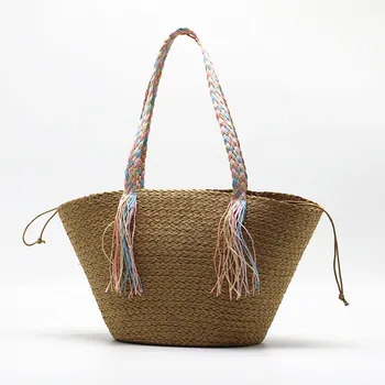 Новая плетеная сумка из бумажной соломы с лентой и кисточкой на одно плечо, плетеная сумка для пляжных путешествий, сумка для поездок на работу, для отдыха 5