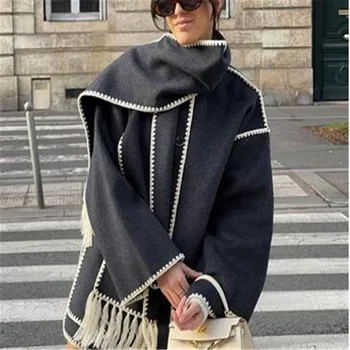 Новое свободное женское пальто с шарфом и карманом с длинным рукавом, однобортные женские пальто 2023, осенне-зимняя модная женская уличная куртка