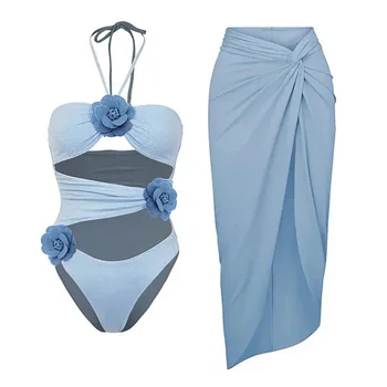 Новый цельный купальник с 3D цветочным декором, бикини, купальник с открытой шеей и юбкой-оберткой, летняя пляжная одежда, чехол