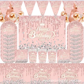 Одноразовая посуда из розового золота, украшение для вечеринки с Днем Рождения, Детские Тарелки для взрослых, Чашки для салфеток, Принадлежности для свадьбы, Дня рождения 0