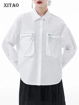 Рубашка XITAO со свободным карманом на молнии, Повседневная, для похудения, Уличный Ветер, Женская Зимняя Новинка, Однобортный топ с длинным рукавом DMJ3386
