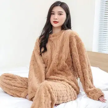 Уютный зимний пижамный комплект, пижамный комплект из флиса с приятной текстурой, теплая одежда для отдыха для женщин с топами с длинными рукавами, широкие спортивные штаны