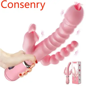 Фаллоимитатор с кроликом 3 в 1, женский вибратор, точка g, стимулятор клитора, вагинальный массажер, пенис, анальные секс-игрушки для двойного проникновения