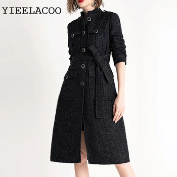 Черное твидовое пальто, длинная осенне-зимняя женская куртка, деловой женский цельный твидовый жакет с яркой проволочной оплеткой