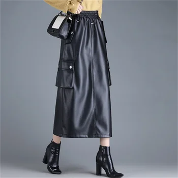 Черный комбинезон, юбка из искусственной кожи, карман на эластичном поясе, длинная юбка