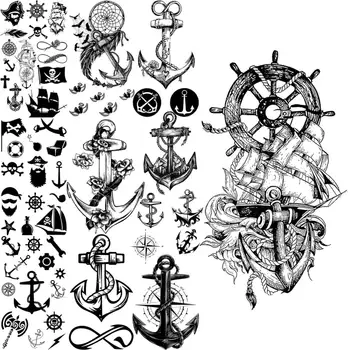 Черный Якорь Маленькие Временные Татуировки Для Взрослых Мужчин Реалистичный Пиратский Цветок Из Перьев Поддельная Татуировка Наклейка Маленькая Рука Тело Татуировки 3D