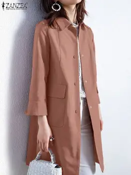 Элегантные Длинные куртки с отворотом и рукавом 3/4, модная ветровка ZANZEA, женские осенние однотонные рабочие пальто, повседневный тренч для вечеринок, верхняя одежда