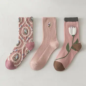 Японские Кавайные Милые Длинные Носки Розовые Носки С Вышивкой В виде Цветка Harajuku Ретро Винтажные Женские Носки В стиле Колледжа Для Старшеклассниц