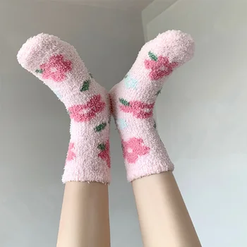 Японские милые носки Kawaii, осень-зима, утепленные Теплые Мягкие плюшевые женские носки, коралловый флис, термоодежда, носки для сна в пол