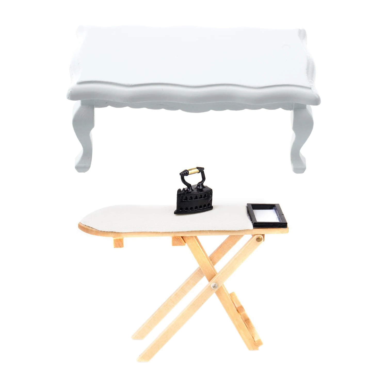 1/12 Миниатюрная мебель, деревянный кофейный столик с волнистыми краями, белый и миниатюрный набор утюга с гладильной доской 0