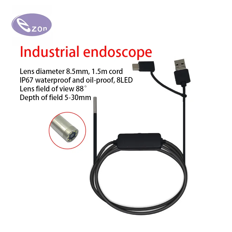 1-мегапиксельный USB-эндоскоп диаметром 8,5 мм FOV88 IP67 водонепроницаемый кабель 3-в-1 промышленный эндоскоп рулевого управления