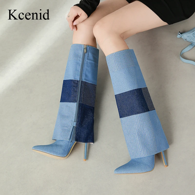 Kcenid, Новый стиль, съемные дизайнерские женские сапоги на тонком высоком каблуке, сексуальные сапоги до колена с острым носком, украшенные стразами, Женская обувь 0