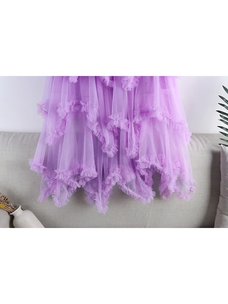 Длинная юбка-пачка из тюля для женщин 2023, Новая Летняя Корейская Эстетичная Милая Макси-юбка из нерегулярной сетки с высокой талией, женская Фиолетовая Z498 2