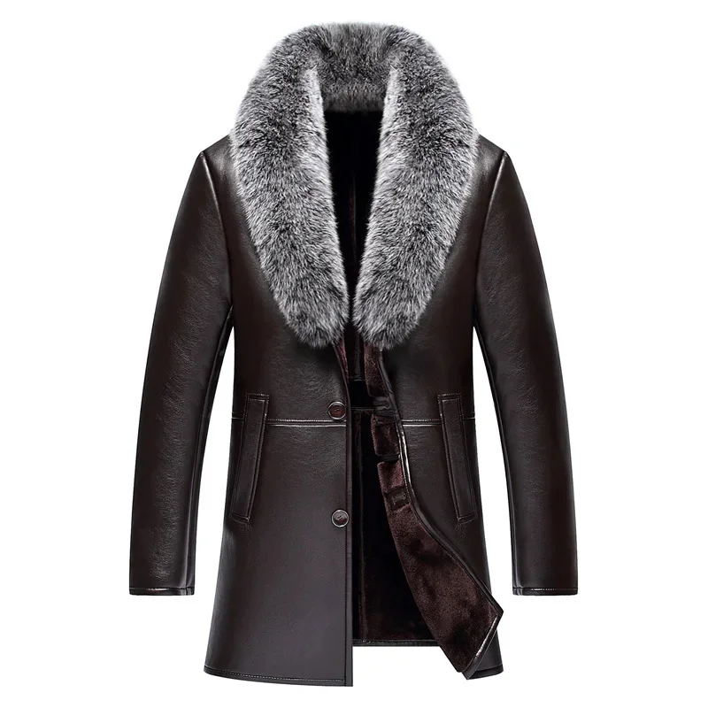 Зимняя новая меховая куртка из экокожи, мужское пальто, мужской воротник из лисьей шерсти, Толстые длинные дубленки, Блузон Homme Hiver 1