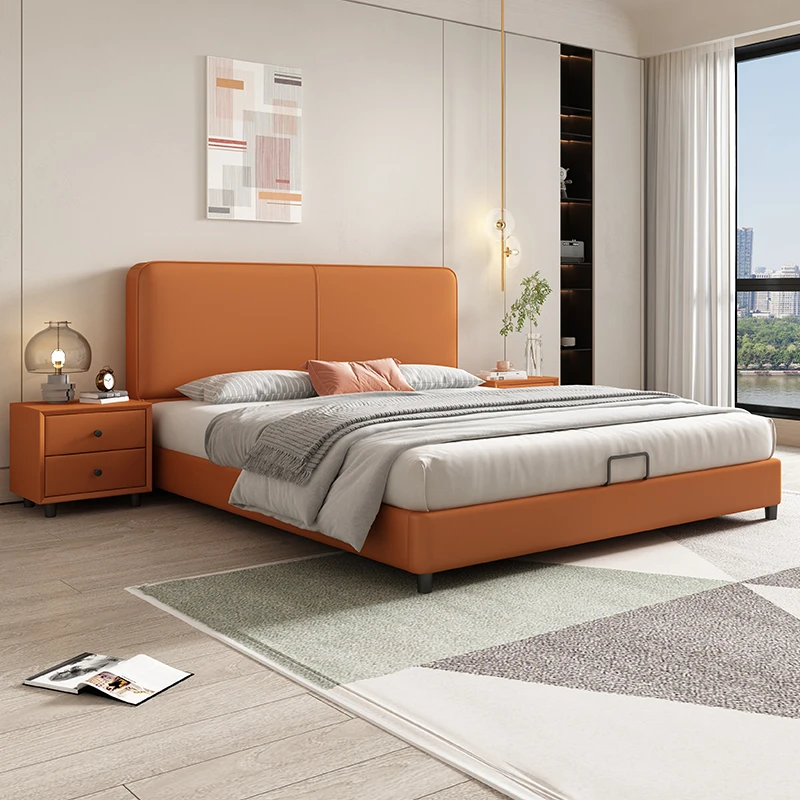 Итальянская чрезвычайно простая кожаная кровать, современная простая спальня, легкая экстравагантная сеть хранения воздуха, кровать знаменитостей 0