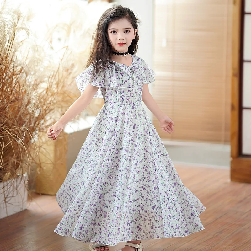 Летнее праздничное фиолетовое платье с цветочным рисунком для девочек, модные повседневные платья принцессы трапециевидной формы 0
